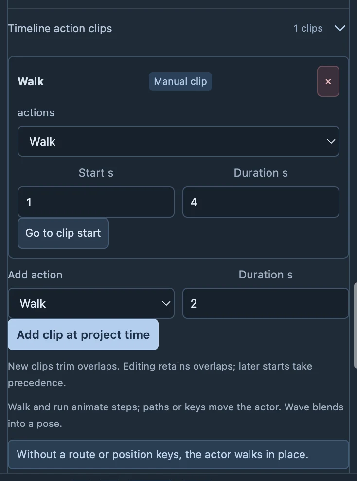 The action-clip list and add controls. A walking clip is loaded here; translation is arranged separately.