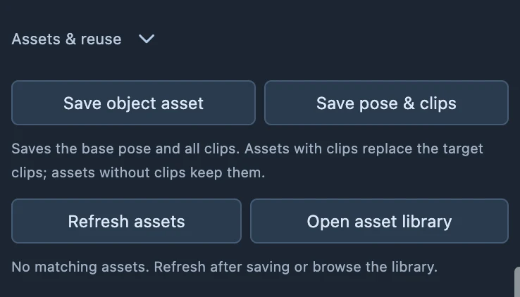 Asset-save controls in object properties. Choose between the object and its pose/actions.