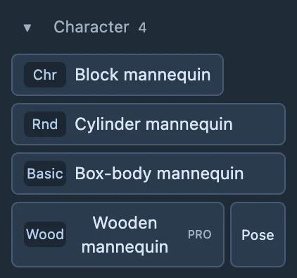 Version 1.5.0 includes four mannequin variants in the character library.