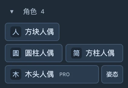 四款角色入口及木头人偶旁的姿态按钮。