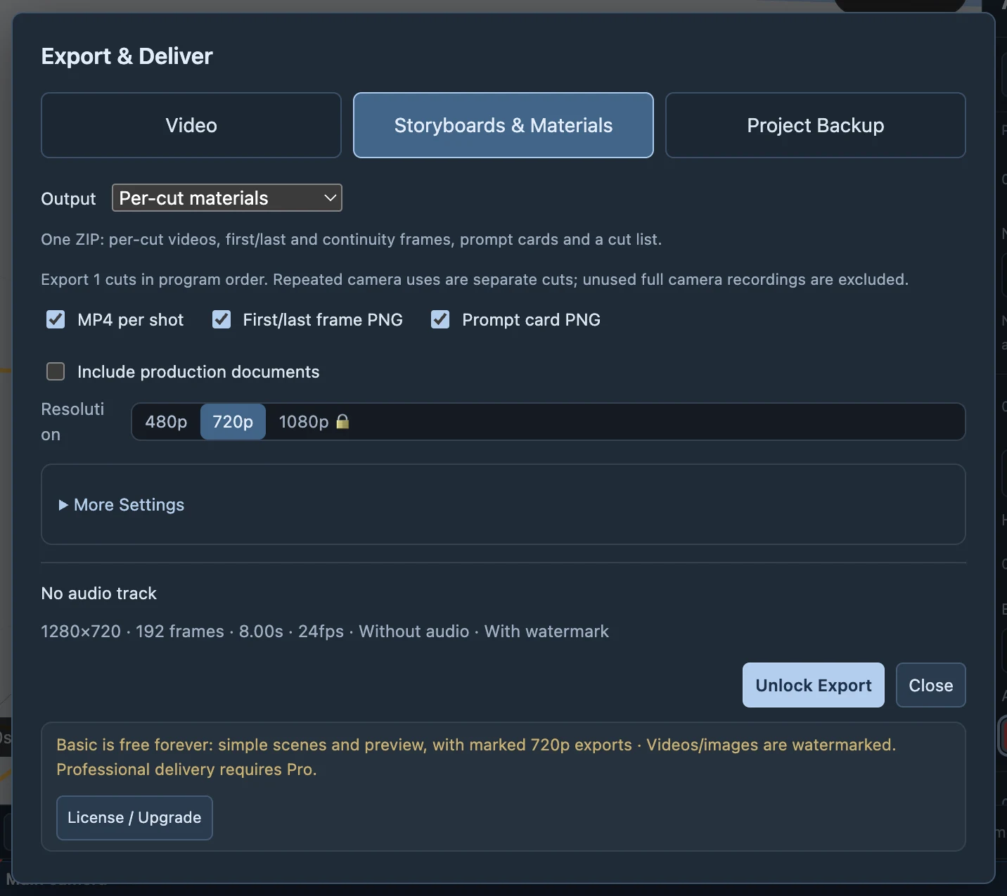 Production/video-generation delivery lists per-shot materials. Select inputs supported by the external tool.