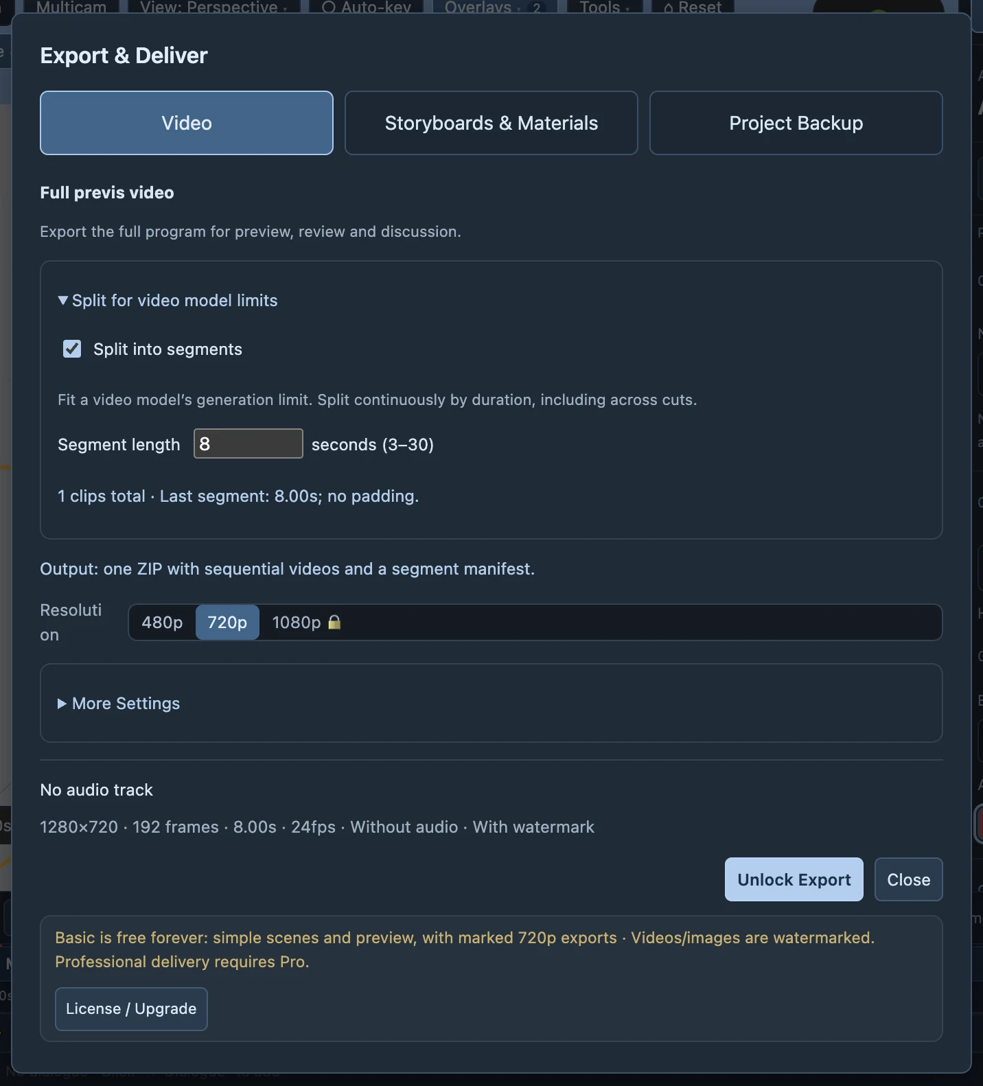 The watch/communication export panel. After export, open the actual file in a player to verify it.