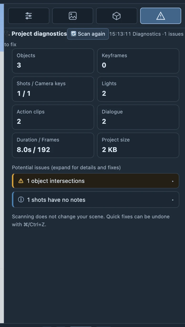 Issue categories and entries in Diagnostics. Check each issue against the actual image before fixing it.