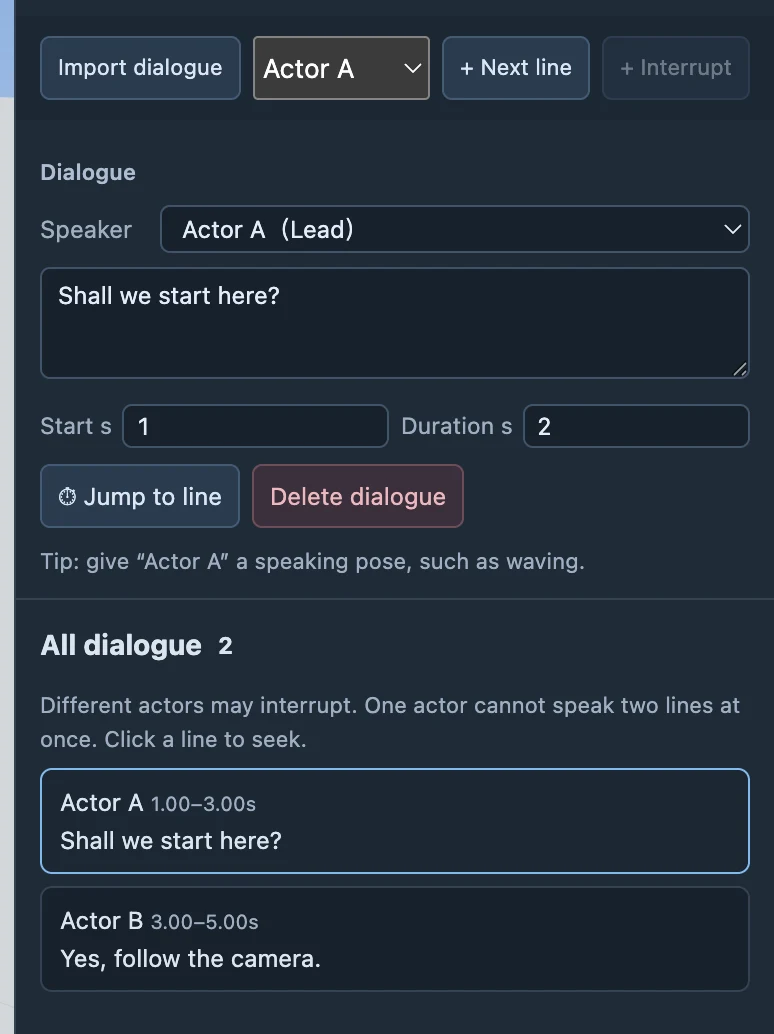 A dialogue line is loaded in this example. Check its speaker, text, start and duration.