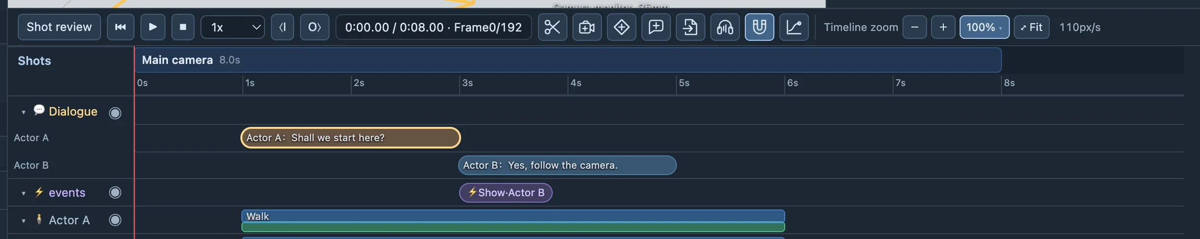 Example lines for two actors and their timing. Check dialogue against the action.