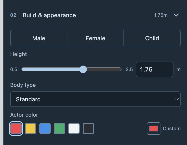 Size, build and color settings in the appearance section. Check the selection first.