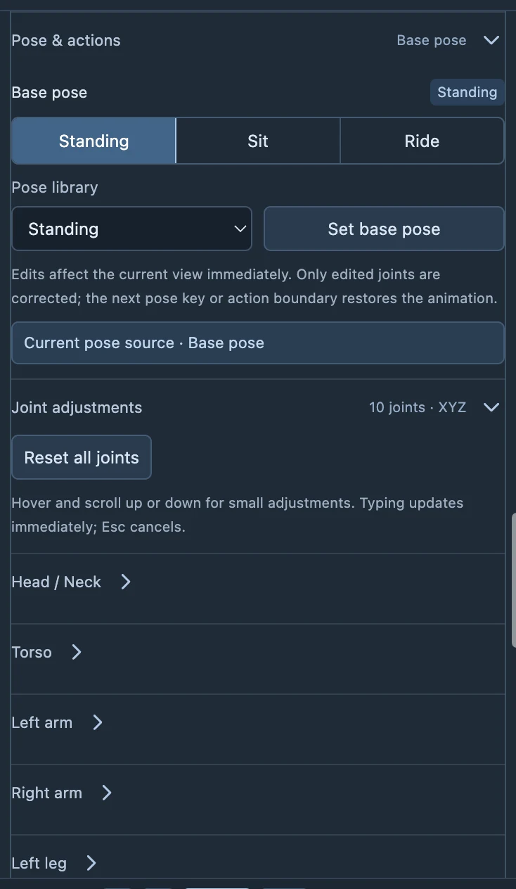 Block and wooden mannequins share base poses; basic mannequins have no joint editing.