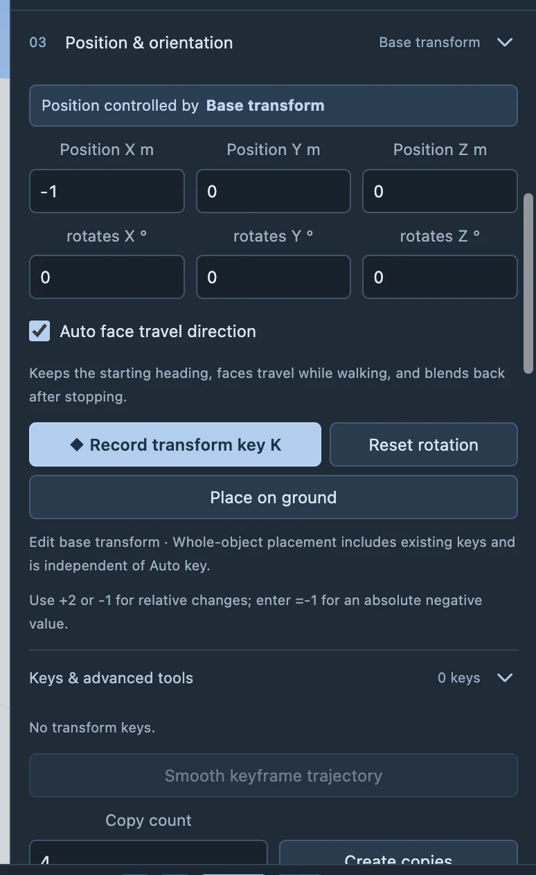 Inspect position and rotation in Position & orientation. X, Y and Z are the three axes.