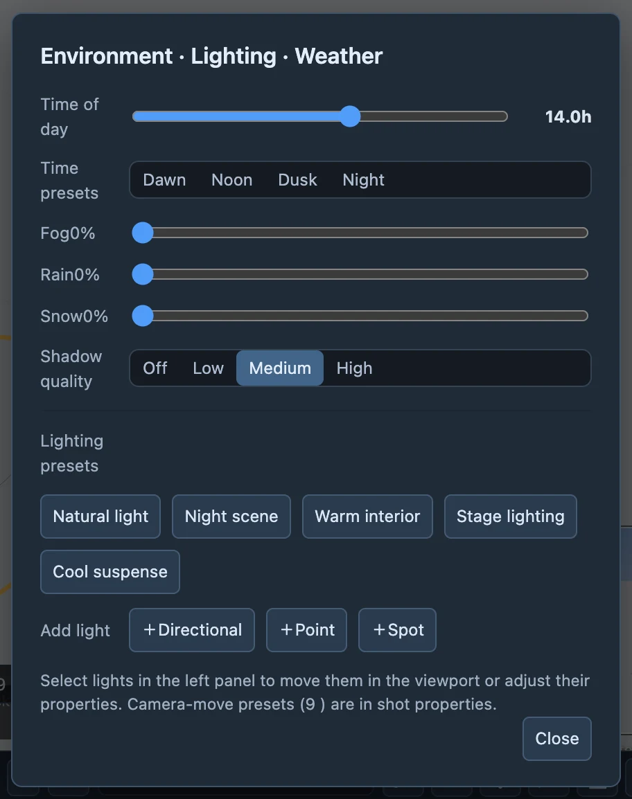 Time, weather and lighting in Environment settings. Start here when checking overall brightness.