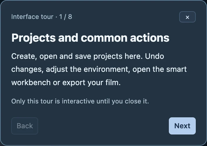 The closeable step-by-step tour highlights one workspace region at a time.