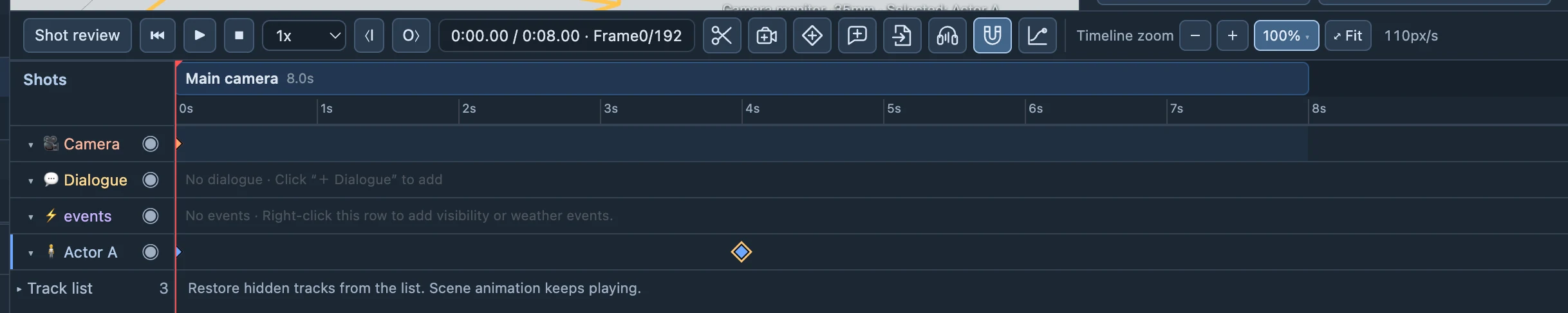 Start and end keys on the timeline. Moving a key changes the timing.