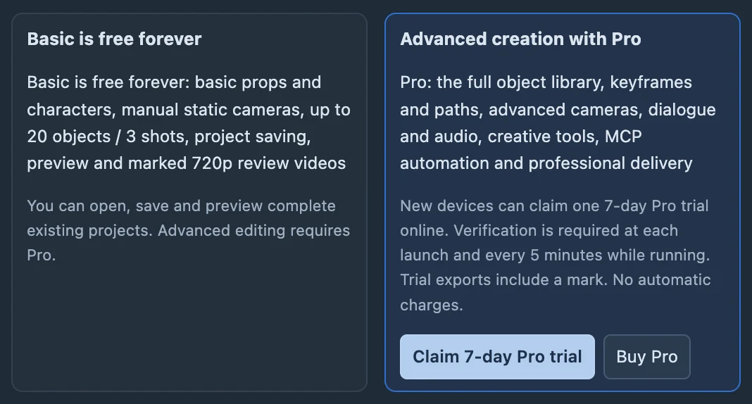 Basic and Pro information and the device trial entry. No trial was claimed for this capture.