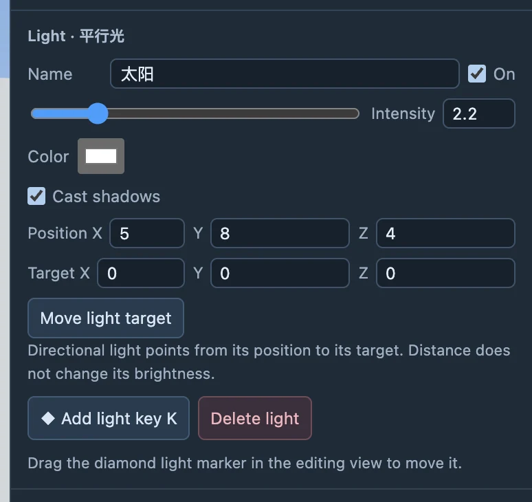 Properties for a selected light. Check position, direction and intensity against the camera image.