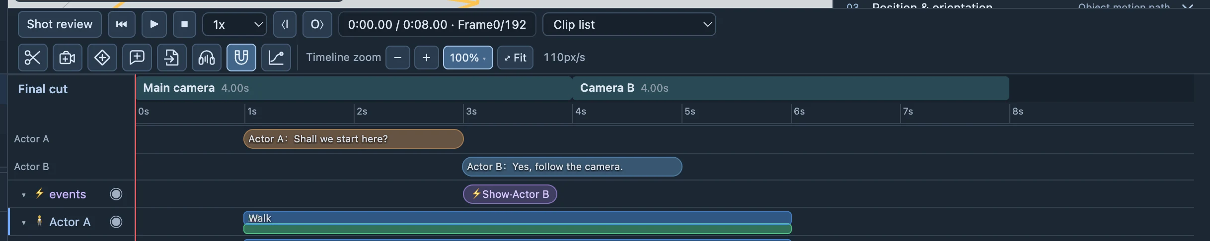 Two segments in the program cut track. The cut at 4 seconds selects a different camera.