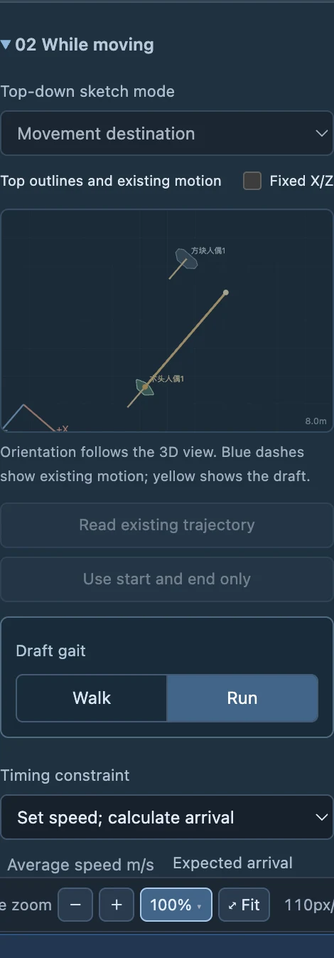 Blocking & performance groups walk/run, timing, preview and apply controls.