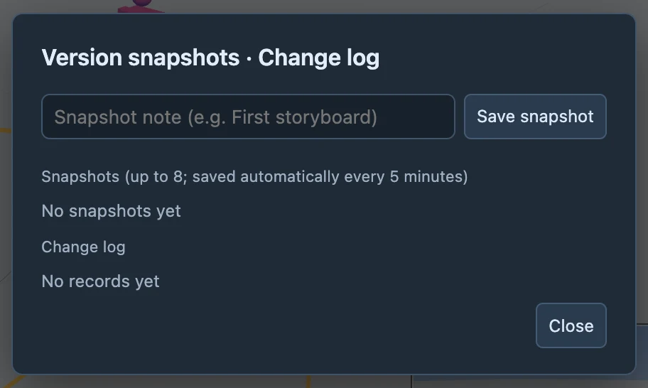 Snapshots and change history. Save a separate copy of the current project before restoring one.