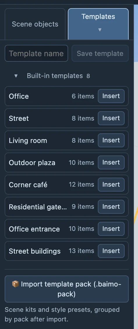 The actual scene-template list. Check the template name and back up the current project before loading.