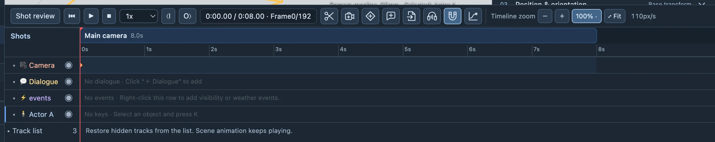 Playback controls, current time and tracks. Position the playhead before editing.