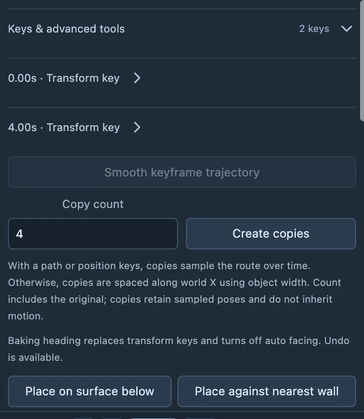The transform-key list records time, position, rotation and interpolation for each key.